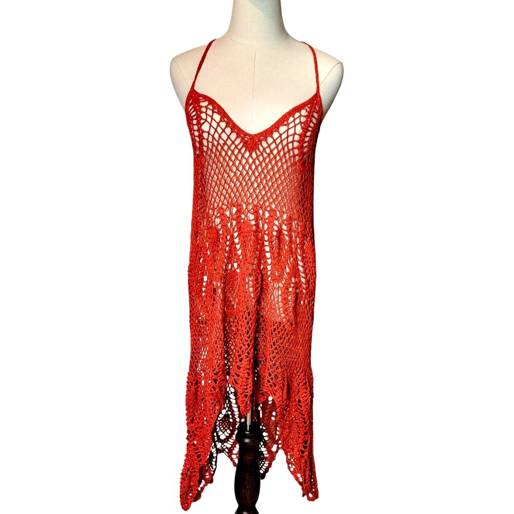 Burnt Orange Crochet V-Neck Open Back Criss Cross Hi Low Midi Swim Coverup S/M